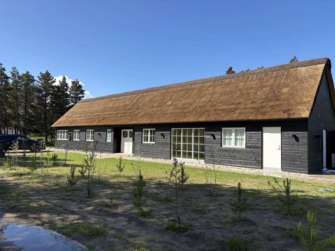 Nybygget sommerhus i badehotelstil med stråtag og store vinduespartier